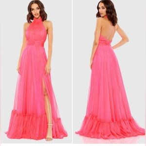 Mac Duggal High Neck Tiered Chiffon Halter Pink Gown 12 #67816